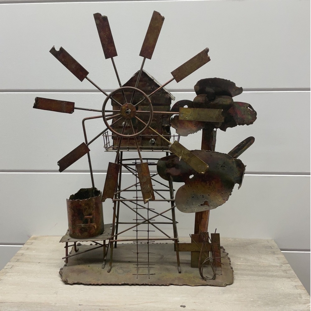 Vintage Brutalist Metal Windmill Sculpture Music Box Torch Cut Farm Decor